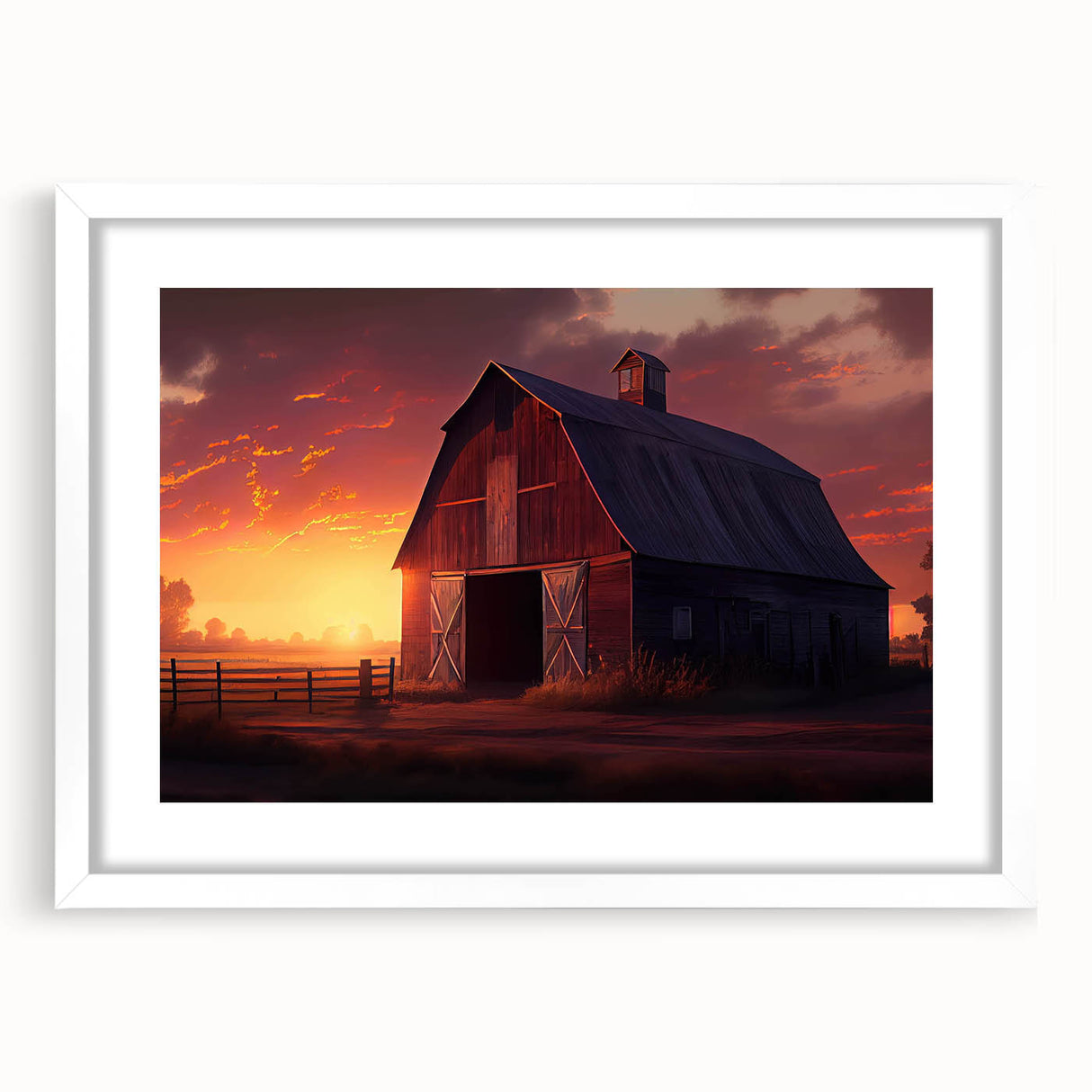 Framed wall art showcasing a serene landscape with a rustic barn, featuring a white mat and sleek frame, ideal for enhancing home decor and creating a cozy atmosphere.