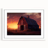Framed wall art showcasing a serene landscape with a rustic barn, featuring a white mat and sleek frame, ideal for enhancing home decor and creating a cozy atmosphere.