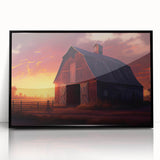 Framed wall art collection showcasing a vibrant landscape with rustic barns, featuring a sleek black frame and acrylic finish, ideal for home decor.
