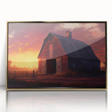 Framed wall art featuring a golden acrylic landscape of a rustic barn, showcasing vibrant colors and intricate details, perfect for home decor enhancement.