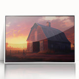 Framed acrylic wall art featuring a serene landscape with a rustic barn, set against a vibrant sky, designed to enhance home decor with a touch of nature.