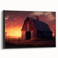 Framed canvas wall art showcasing a serene landscape design with a rustic barn, presented from a black side view. Ideal for home decor enthusiasts seeking a rustic aesthetic.