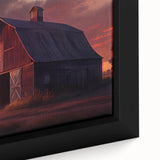 Close-up of a framed canvas wall art featuring a serene landscape with a rustic red barn, vibrant green fields, and a clear blue sky, perfect for home decor.
