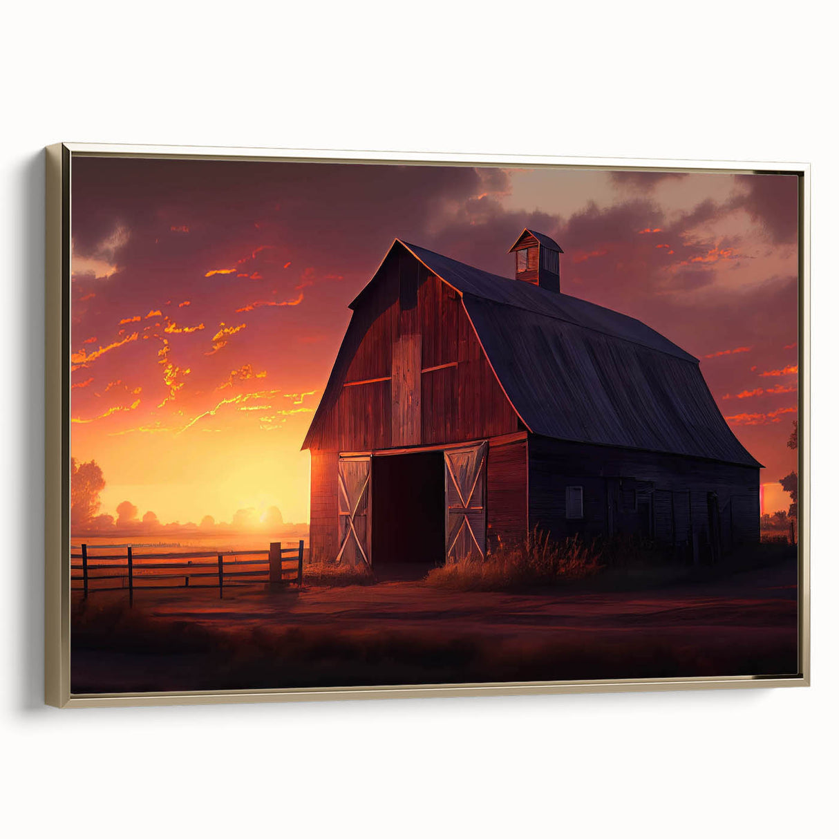 Framed canvas wall art showcasing a serene landscape with a rustic barn, golden accents, and a side view that enhances its elegant design, perfect for home decor.