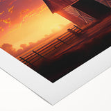 Rolled canvas showcasing a picturesque landscape of a rustic red barn surrounded by vibrant green fields and a clear blue sky, ideal for home decor.