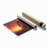 Rustic landscape wall art featuring a serene barn scene under a vibrant sunset, printed on high-quality canvas, perfect for home decor.