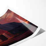 Vibrant landscape wall art featuring a rustic barn set against a serene blue sky, perfect for farmhouse decor, showcasing rich colors and detailed textures.