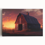 Stretched canvas artwork showcasing a serene landscape with a rustic barn, vibrant green fields, and a blue sky, ideal for home decor and nature enthusiasts.