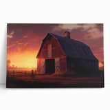 Stretched canvas wall art showcasing a serene landscape with rustic barns and rolling hills, perfect for enhancing home decor with a touch of nature.