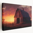 Stretched canvas wall art showcasing a picturesque barn landscape with vibrant colors, highlighted by lush greenery and a clear sky, perfect for rustic home decor.