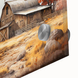 Close-up of a vibrant acrylic glass wall art collection featuring rustic landscapes and charming barns, showcasing rich colors and fine details for home decor.