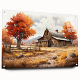 Acrylic glass wall art showcasing a vibrant landscape featuring rustic barns, set against a serene backdrop. The artwork is viewed from the side, highlighting its sleek design and pins for easy display. Perfect for enhancing home decor with a touch of rural charm and color.