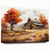 Acrylic glass wall art collection showcasing a vibrant landscape design with rustic barns, viewed from the side, ideal for enhancing home decor and creating a serene atmosphere.
