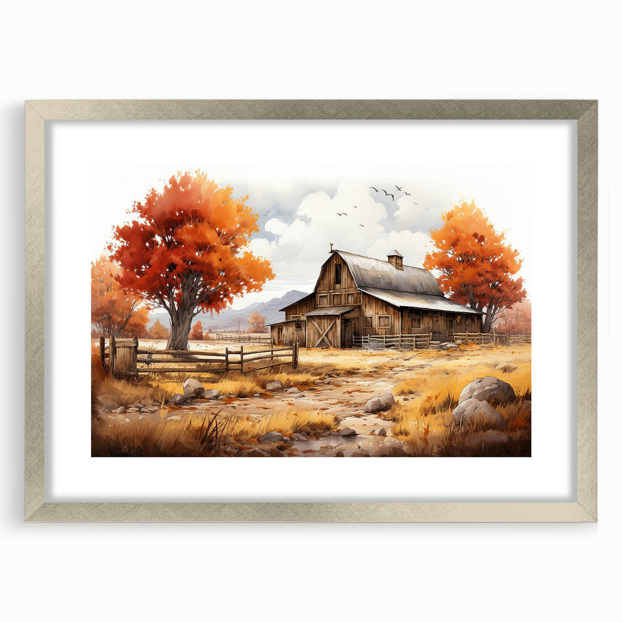 Framed wall art collection showcasing vibrant landscapes and rustic barns, featuring a silver mat and elegant design, perfect for home decor enhancement.