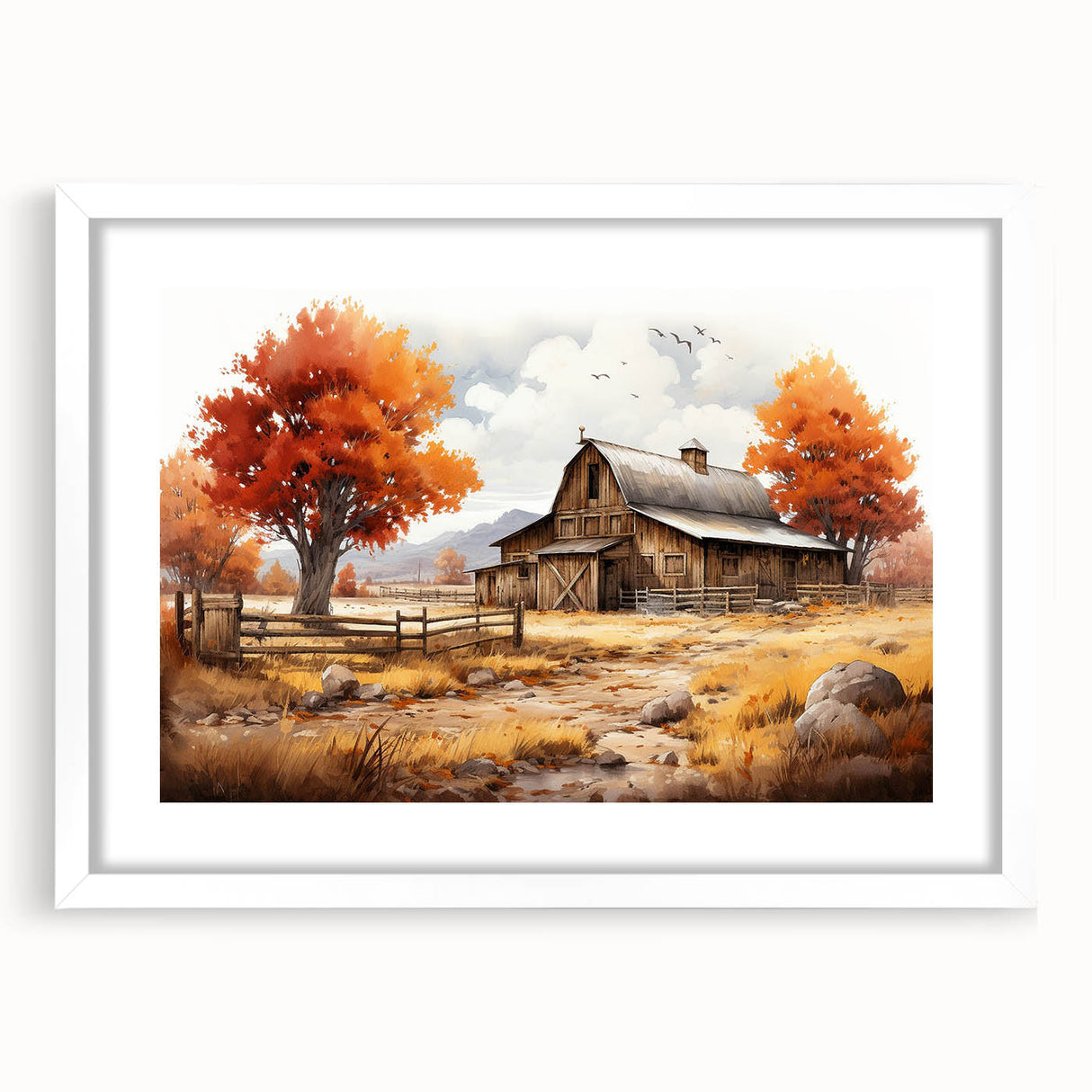 Framed wall art collection featuring rustic barn landscapes, showcasing detailed farm scenes in earthy tones, set against a white mat for a modern touch.