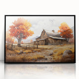 Framed acrylic wall art showcasing a picturesque landscape with rustic barns, set against a vibrant blue sky, ideal for adding charm to any decor.