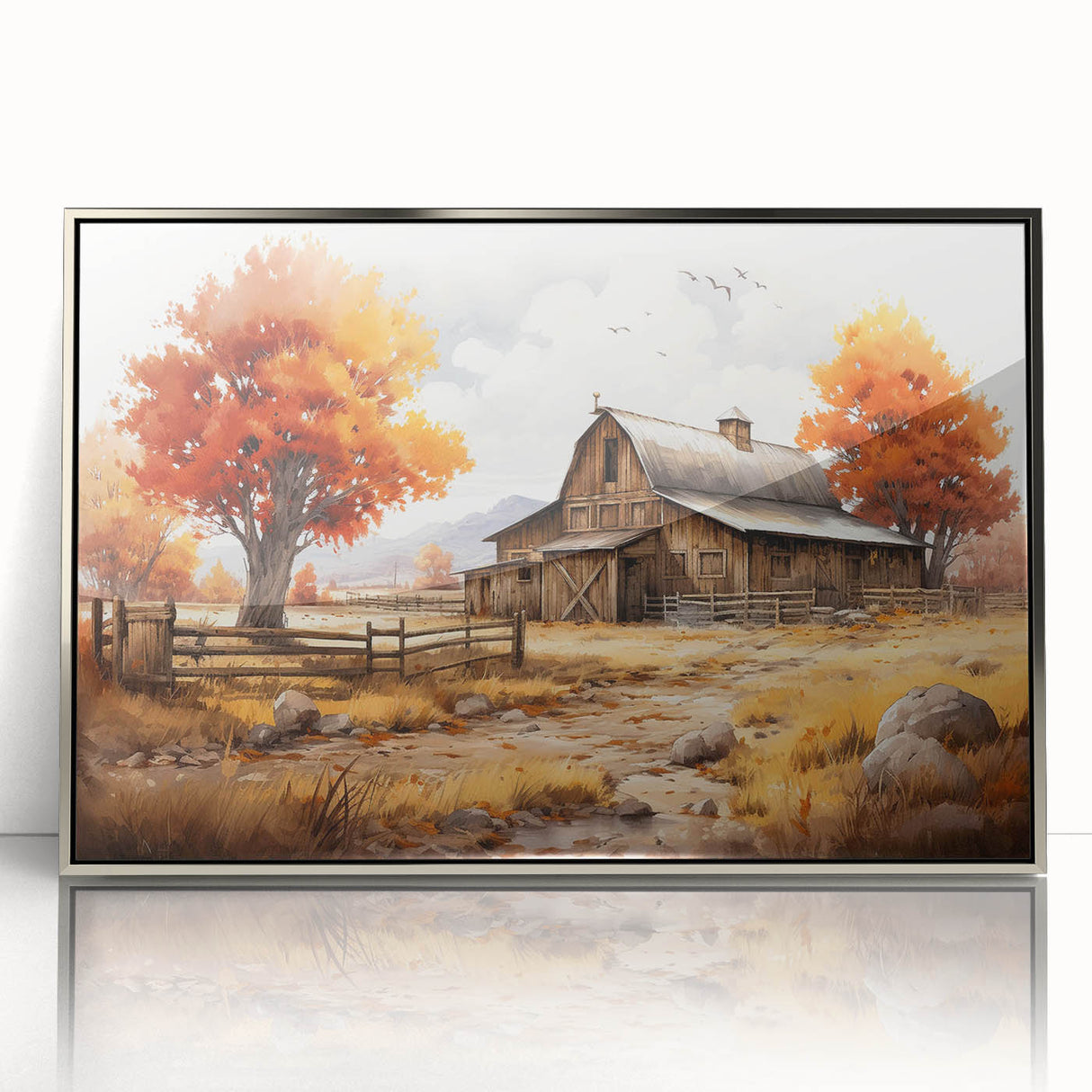 Framed acrylic wall art showcasing a picturesque landscape with a rustic barn, set in a silver frame, ideal for enhancing home decor and creating a serene ambiance.