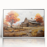 Framed acrylic wall art featuring a serene landscape of rustic barns, displayed in a white frame, perfect for enhancing home decor with a touch of rural charm.