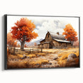 Framed canvas wall art depicting a rustic landscape with a red barn and lush greenery, showcasing a side view that highlights the artwork's vibrant colors and intricate details, perfect for enhancing home decor.