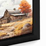 Framed canvas artwork showcasing a picturesque barn landscape with vibrant colors and intricate details, perfect for enhancing home decor and rustic themes.