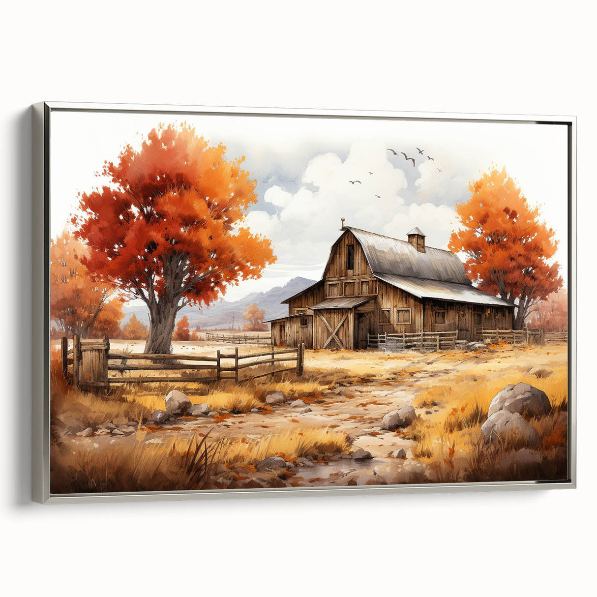 Framed canvas wall art showcasing a picturesque landscape with a rustic barn, silver frame accentuating earthy tones, ideal for home decor enthusiasts.