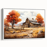 Framed canvas art showcasing a serene landscape of a classic red barn surrounded by lush greenery, ideal for rustic home décor. The white frame enhances the vibrant colors for an inviting touch.