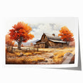 Rustic landscape wall art print showcasing a vibrant barn scene with rolling hills and a clear blue sky, elegantly rolled for easy display and shipping.