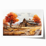 Rustic landscape wall art print showcasing a vibrant barn scene with rolling hills and a clear blue sky, elegantly rolled for easy display and shipping.