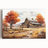 Stretched canvas wall art depicting a serene rural landscape with a classic red barn, green fields under a bright blue sky, ideal for home décor.