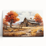 Stretched canvas wall art showcasing a scenic landscape with a red barn surrounded by vibrant green fields and a clear blue sky, perfect for home decor.