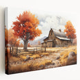 Stretched canvas wall art showcasing a vibrant landscape of rustic barns under a blue sky, ideal for farmhouse decor and nature-themed interiors.