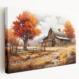 Stretched canvas wall art showcasing a vibrant landscape of rustic barns under a blue sky, ideal for farmhouse decor and nature-themed interiors.