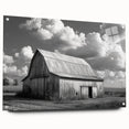 Side view of a contemporary acrylic glass wall art piece featuring a vibrant barn landscape design, elegantly displayed with decorative pins, perfect for home decor.