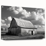 Side view of a contemporary acrylic glass wall art piece featuring a vibrant barn landscape design, elegantly displayed with decorative pins, perfect for home decor.