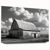 Acrylic glass wall art featuring a serene landscape with rustic barns surrounded by lush greenery, showcasing vibrant colors and fine details, perfect for home decor.