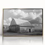 Framed acrylic wall art showcasing a golden barn landscape, featuring vibrant colors and intricate details, perfect for enhancing home decor with rustic charm.