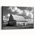 Framed canvas wall art depicting a serene landscape with a rustic barn, showcasing rich colors and intricate details, perfect for home decor enthusiasts.