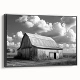 Framed canvas wall art depicting a serene landscape with a rustic barn, showcasing rich colors and intricate details, perfect for home decor enthusiasts.