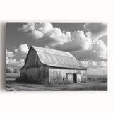 Stretched canvas artwork depicting a serene landscape with a rustic barn surrounded by vibrant greenery, ideal for enhancing home decor and creating a calming atmosphere.