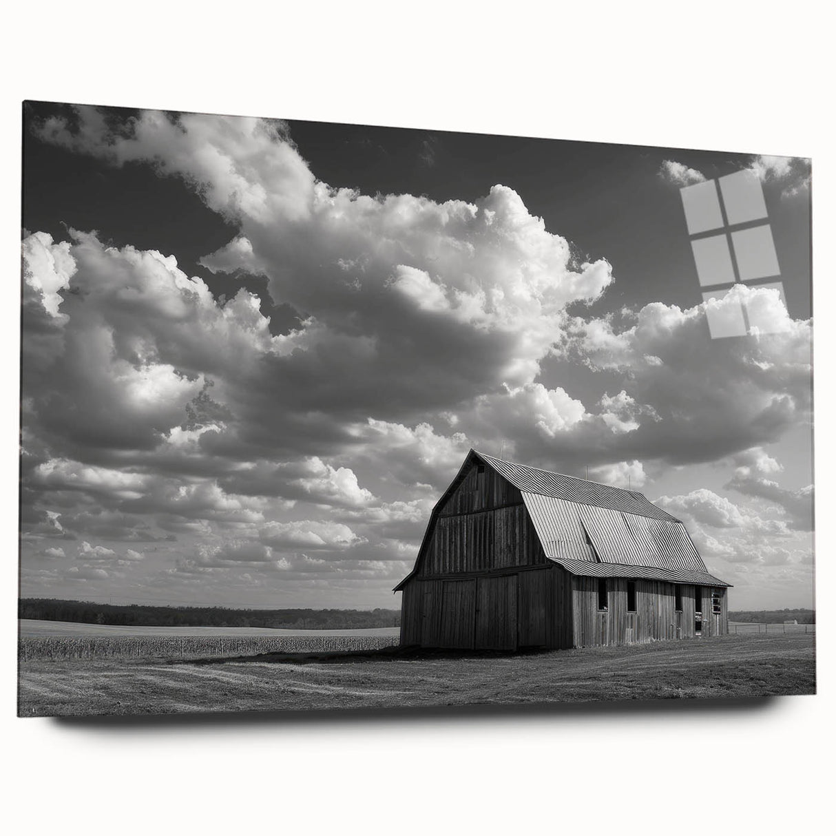Acrylic glass wall art collection showcasing a vibrant landscape with a rustic barn, designed for modern decor. The side view highlights its sleek edges and colorful details, perfect for enhancing any living space.