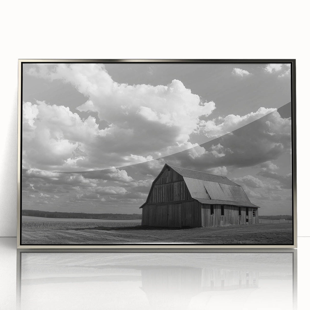 Framed acrylic wall art featuring a serene landscape with a rustic barn, elegant silver frame, perfect for enhancing home decor with a touch of nature.