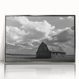 Framed acrylic wall art featuring a serene landscape with a rustic barn, elegant silver frame, perfect for enhancing home decor with a touch of nature.