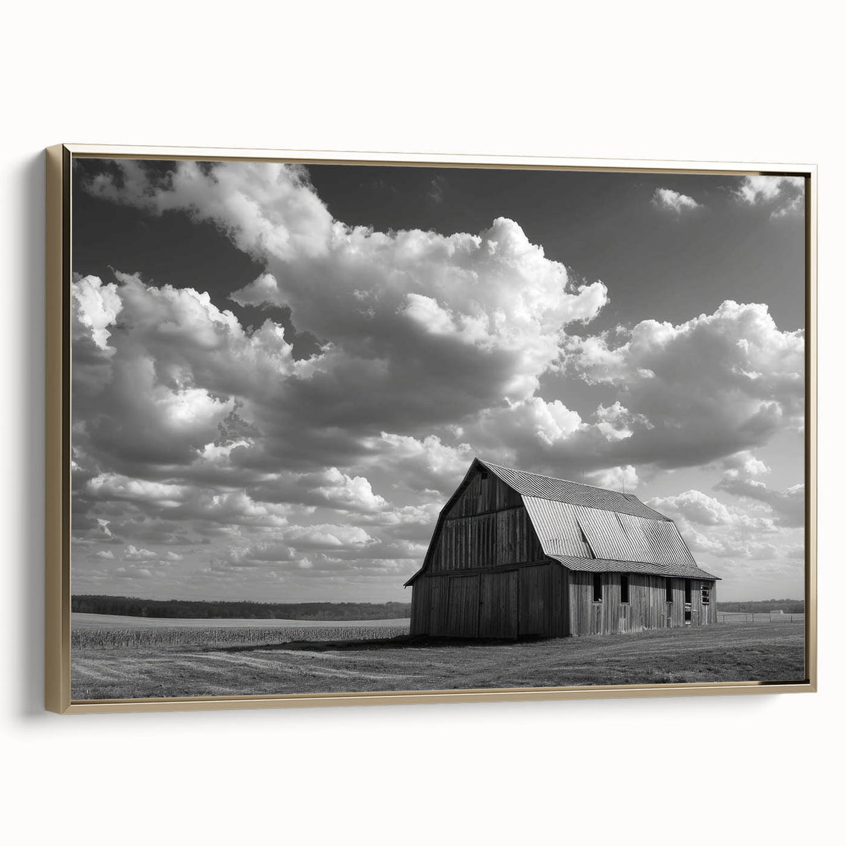 Framed canvas wall art showcasing a rustic barn landscape in gold tones, designed to enhance modern home decor with a touch of nature-inspired elegance.
