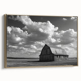 Framed canvas wall art showcasing a rustic barn landscape in gold tones, designed to enhance modern home decor with a touch of nature-inspired elegance.