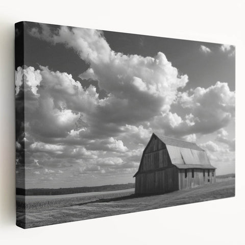 Stretched canvas wall art showcasing a vibrant landscape with rustic barns under a clear blue sky, ideal for home decor and farmhouse aesthetics. Perfect for adding a serene touch to living spaces.