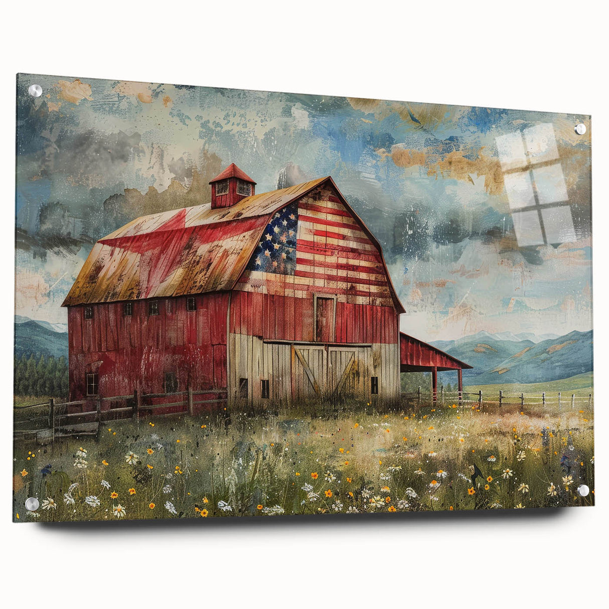 Acrylic glass wall art collection showcasing a vibrant landscape with rustic barns, viewed from the side and elegantly pinned for display. Perfect for home decor.