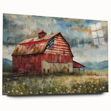 Acrylic glass wall art showcasing a vibrant landscape featuring rustic barns under a clear blue sky, designed to enhance home decor with its vivid colors and detailed imagery.