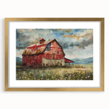 Framed wall art collection showcasing a scenic landscape of a rustic barn with a gold mat and frame, ideal for enhancing home decor and adding a touch of warmth.