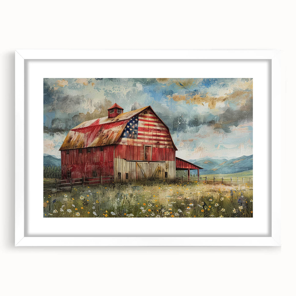 Framed wall art collection showcasing a serene landscape with rustic barns, set in a white mat for a modern aesthetic; ideal for enhancing home decor.