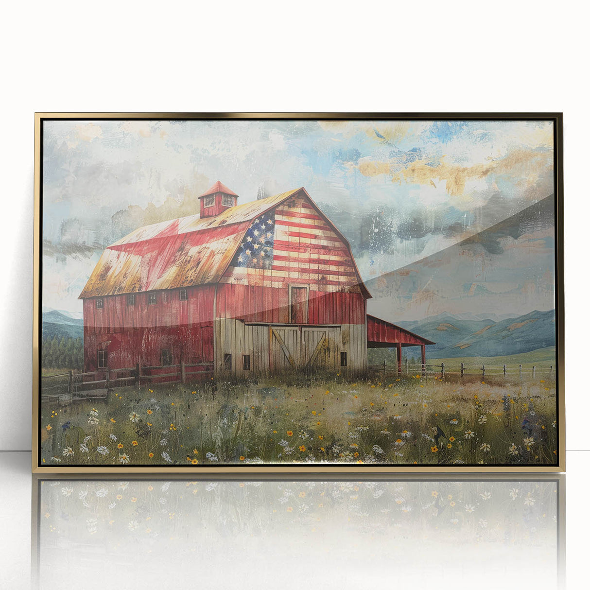 Framed acrylic wall art featuring a stunning landscape of a rustic barn, accented with gold trim. Ideal for home decor, this piece adds a touch of elegance and warmth to any room.